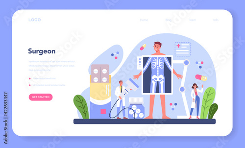 Surgeon web banner or landing page. Doctor performing medical operations.