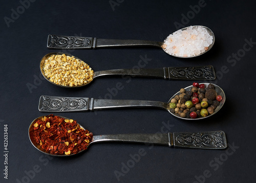 Obraz na płótnie Chili, Pfeffer, Salz, Silberlöffel, Schwarzer Hintergrund w salonie