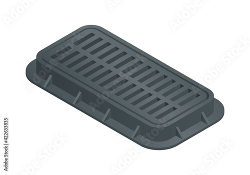 Vector illustration closed sewer hatch isolated on white background. Realistic manhole cover icon in flat cartoon style. Well hatch. Сlosed sewer pit with a hatch. Construction material.