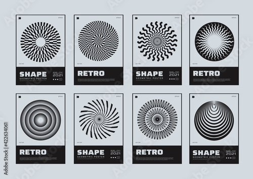 Set of minimalist posters with abstract circle shapes. Meta modern covers. Swiss design pattern. Futuristic geometric composition. Bauhaus monochrome artwork.