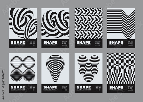 Set of striped abstract posters. Modern minimal optical illusion background.