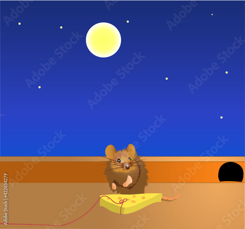 At night the mouse approaches the piece of cheese. Be careful mouse, this cheese is dangerous. Vector illustration