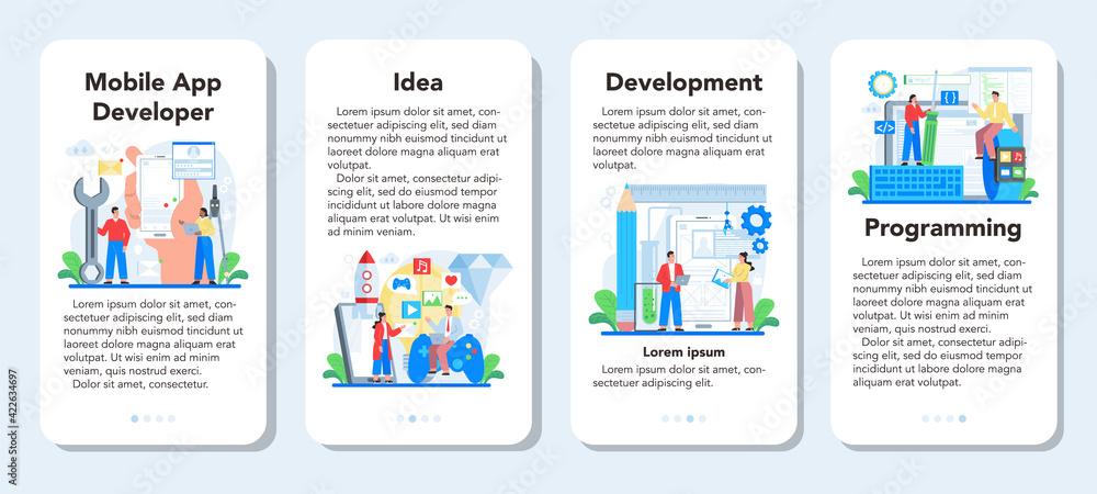 Mobile app development mobile application banner set. Modern technology