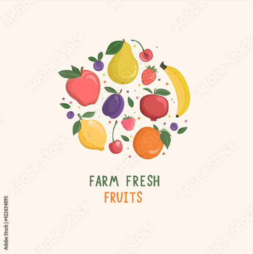 Set of isolated hand drawn fruits and berries with place for text.Sweet summer delicacy  orange  lemon  pomegranate  cherry  blueberry  strawberry tasty healthy food for designs. Farm fresh.Vector