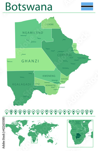 Botswana detailed map and flag. Botswana on world map. photo