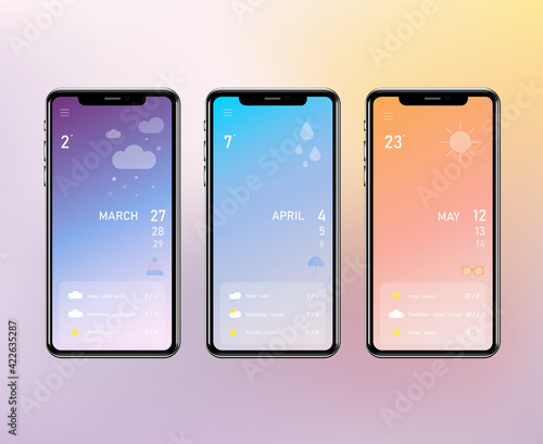 Weather forecast smartphone app interface template. UI design.Mobile app page. Weather widget screen. realistic interface for the application. Phone display. vector graphics