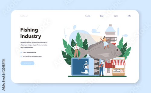 Industrial fishing web banner or landing page. Capture fisheries,