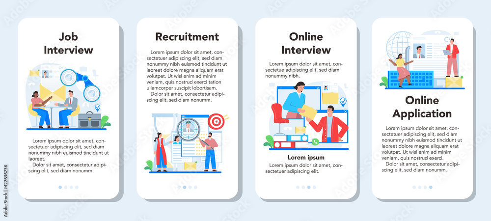 Job interview mobile application banner set. Idea of employment Job interview mobile application banner set. Idea of employment