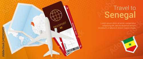 Travel to Senegal pop-under banner. Trip banner with passport, tickets, airplane, boarding pass, map and flag of Senegal.