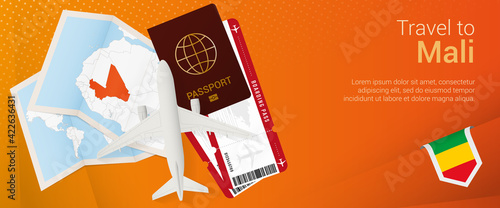 Travel to Mali pop-under banner. Trip banner with passport, tickets, airplane, boarding pass, map and flag of Mali.