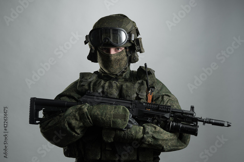 Male in russian infantry protect uniform. Isolated on grey background.