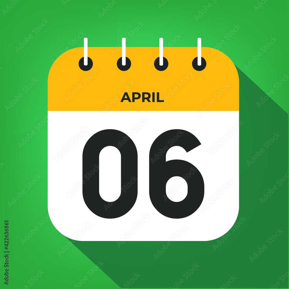 April day 6. Number six on a white paper with yellow color border on a green background vector.