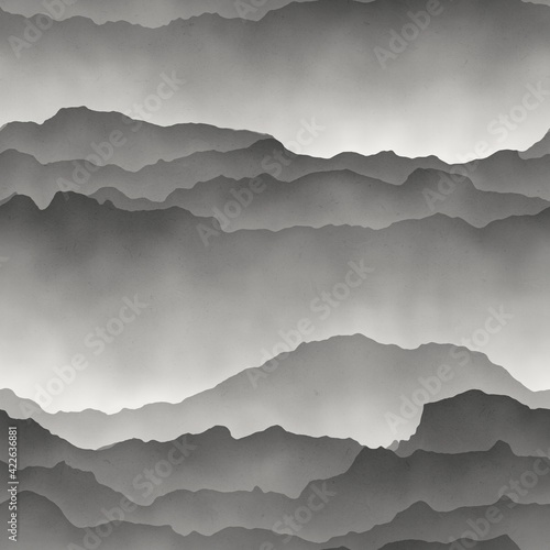 Seamless gray mountains fading into fog. High quality illustration. Gorgeous abstract mountain range print for surface design. Seamless repeat raster jpg pattern swatch. Grey paper texture overlay. © NinjaCodeArtist