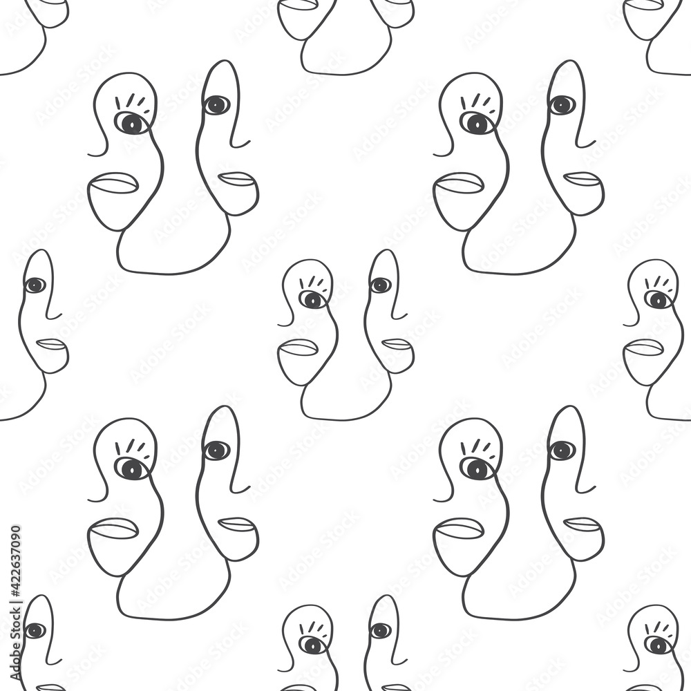 Seamless pattern, contour line, fantasy faces of a man and a woman, profile,
White background.