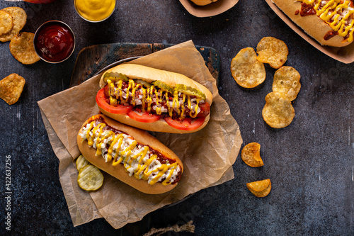 Photography Variety of hot dogs with ketchup and mustard