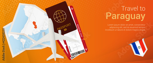 Travel to Paraguay pop-under banner. Trip banner with passport, tickets, airplane, boarding pass, map and flag of Paraguay.