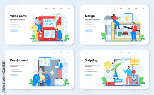Video game development web banner or landing page set. Creative process