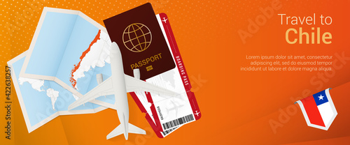 Travel to Chile pop-under banner. Trip banner with passport, tickets, airplane, boarding pass, map and flag of Chile.