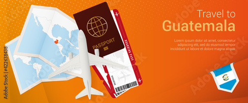 Travel to Guatemala pop-under banner. Trip banner with passport, tickets, airplane, boarding pass, map and flag of Guatemala.