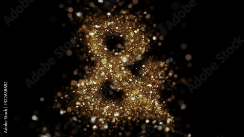 Gold glitter ampersand symbol fly into camera. Golden glitter alphabet symbol reveals on black background.