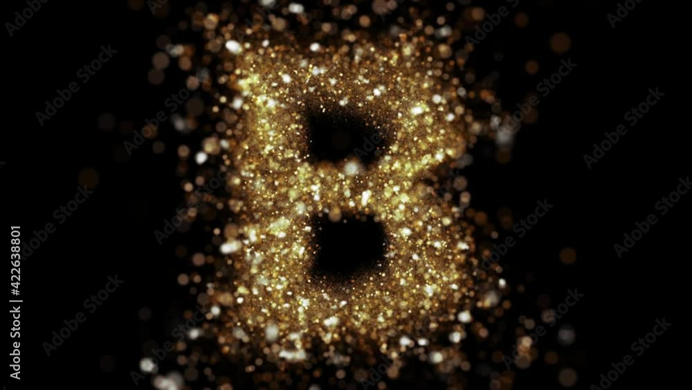 Gold glitter letter B fly into camera. Golden glitter alphabet symbol reveals on black background. Gold glitter letter B fly into camera. Golden glitter alphabet symbol reveals on black background.