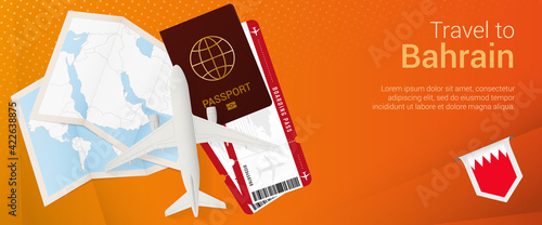 Travel to Bahrain pop-under banner. Trip banner with passport, tickets, airplane, boarding pass, map and flag of Bahrain.