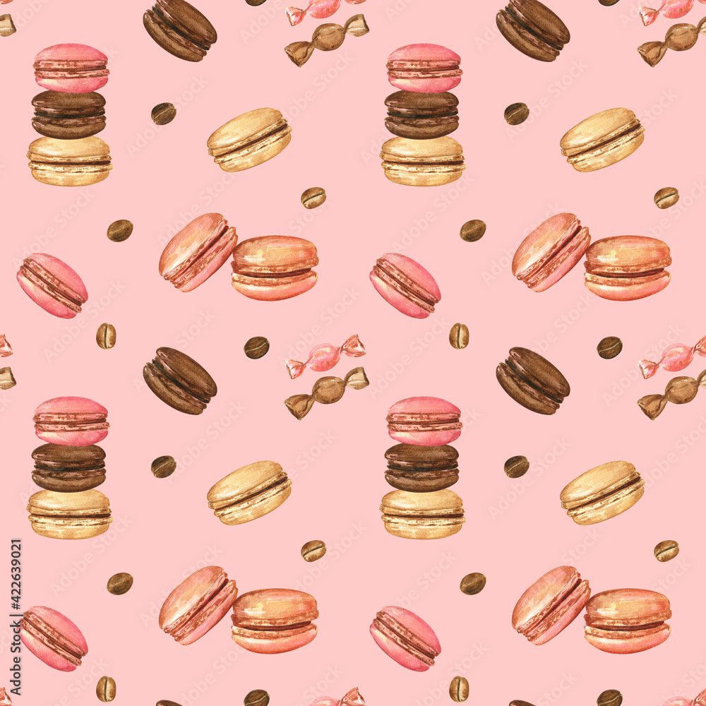 Sweet macarons, candies and coffee beans on pink background. Seamless pattern, watercolor hand drawn elements. Elegant and delicious design, perfect for wrapping paper, fabric, dining decor. Sweet macarons, candies and coffee beans on pink background. Seamless pattern, watercolor hand drawn elements. Elegant and delicious design, perfect for wrapping paper, fabric, dining decor.