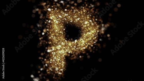 Gold glitter letter P fly into camera. Golden glitter alphabet symbol reveals on black background.