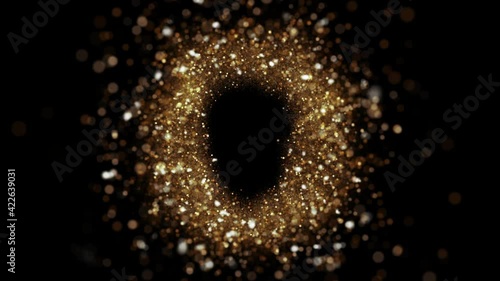 Gold glitter letter O fly into camera. Golden glitter alphabet symbol reveals on black background.