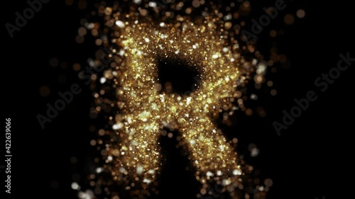 Gold glitter letter R fly into camera. Golden glitter alphabet symbol reveals on black background.