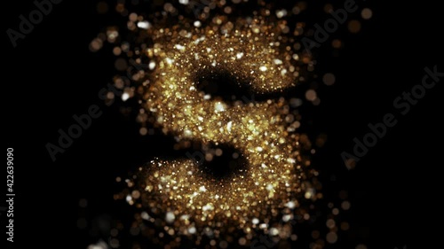 Gold glitter letter S fly into camera. Golden glitter alphabet symbol reveals on black background.
