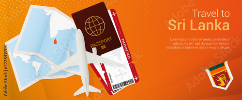 Travel to Sri Lanka pop-under banner. Trip banner with passport, tickets, airplane, boarding pass, map and flag of Sri Lanka.