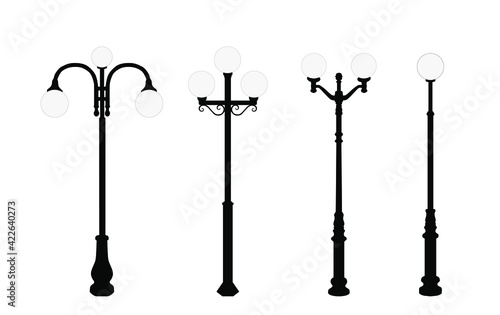 Set of modern street lights.  Street lantern silhouette, round lantern, black and gray color, isolated on white background