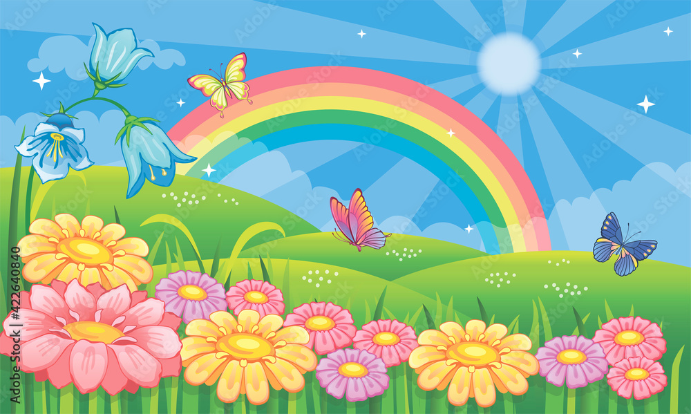 Fairytale background with flower meadow and rainbow. Fabulous landscape with daisies, bluebells and butterflies. Magic nature. Countryside or farm. Children's wallpaper. Cartoon illustration. Vector.