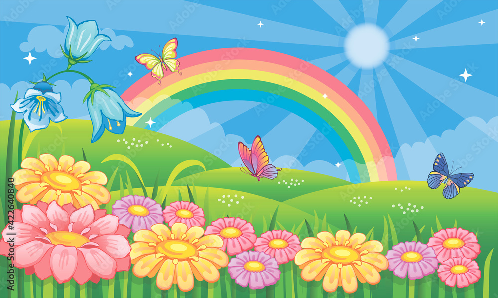 Fototapeta premium Fairytale background with flower meadow and rainbow. Fabulous landscape with daisies, bluebells and butterflies. Magic nature. Countryside or farm. Children's wallpaper. Cartoon illustration. Vector.