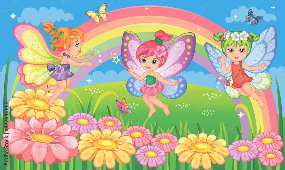 Little girl. Small fairy, princess. Butterflies with colorful wings.  Fairytale background with flower meadow, rainbow. Fabulous landscape.  Children wallpaper. Cartoon illustration. Wonderland. Vector. Stock Vector  | Adobe Stock