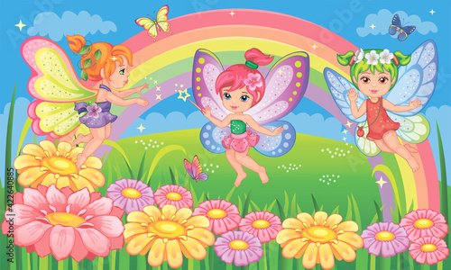 Little girl. Small fairy  princess. Butterflies with colorful wings. Fairytale background with flower meadow  rainbow. Fabulous landscape. Children wallpaper. Cartoon illustration. Wonderland. Vector.