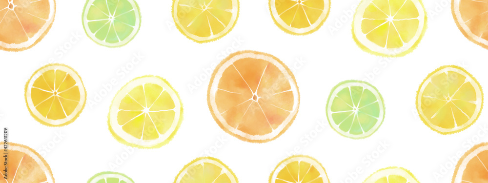 Seamless pattern of hand drawn watercolor citrus fruit set, endless illustration of lemon, lime and orange slices. Aquarelle sketch of summer food collection, isolated on white background