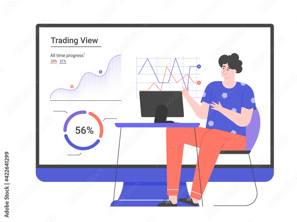Personal investment. Web application for a trader. Character and big monitor with graphs. Analysis of trends and dynamics of stock prices. Man with computer.Vector flat illustration. Personal investment. Web application for a trader. Character and big monitor with graphs. Analysis of trends and dynamics of stock prices. Man with computer.Vector flat illustration.