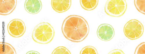 Seamless pattern of hand drawn watercolor citrus fruit set, endless illustration of lemon, lime and orange slices. Aquarelle sketch of summer food collection, isolated on white background