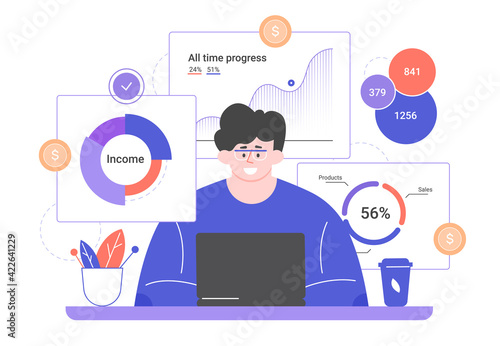 Man with a laptop and charts. Data analysis, trading, increasing income. Successful investor, broker. Analysis of trends and dynamics of stock prices. Vector flat illustration. © fedrunovan
