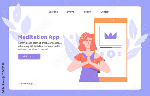 Smartphone application for meditation. Managing stress and emotions, breathing, self-involved. Mental health. Cute girl with closed eyes and smartphone. Landing page concept. Vector flat illustration.