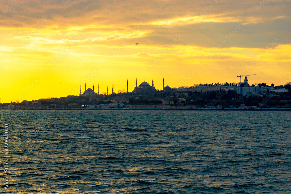 Hagia Sophia and Blue Mosque in Istanbul at sunset