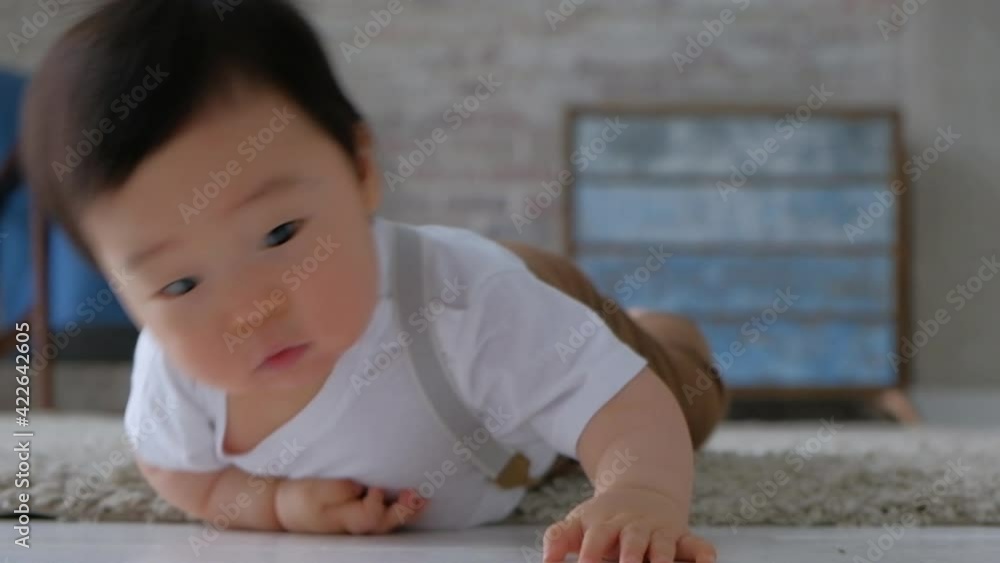 Happy inquisitive baby crawls on floor of room for camera. Asian Baby baby plays with family in house and learns to crawl fast while playing games. The baby crawls and explores the world around him Happy inquisitive baby crawls on floor of room for camera. Asian Baby baby plays with family in house and learns to crawl fast while playing games. The baby crawls and explores the world around him