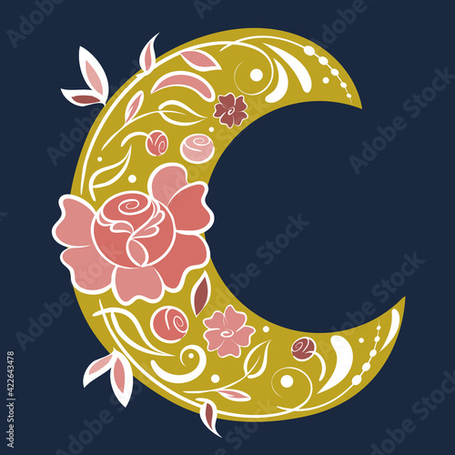 Neo folklore floral art, vector, hand drawn design. Fairy flowers, flourish motif, crescent moon, flat illustration in pink colors palette.