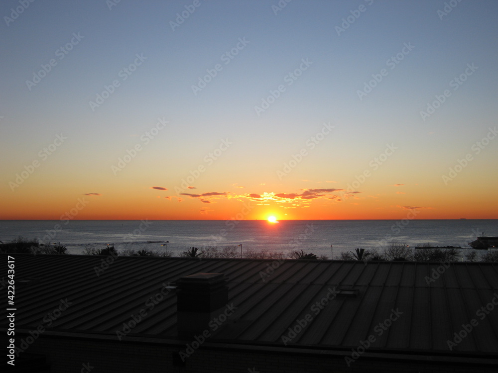 Barcelona, sunrise over the sea, Puerto Olimpico