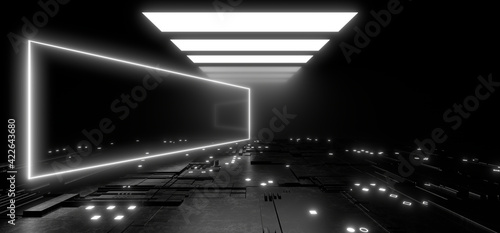Fototapeta Naklejka Na Ścianę i Meble -  Sci Fy neon lamps in a dark tunnel. Reflections on the floor and walls. 3d rendering image.