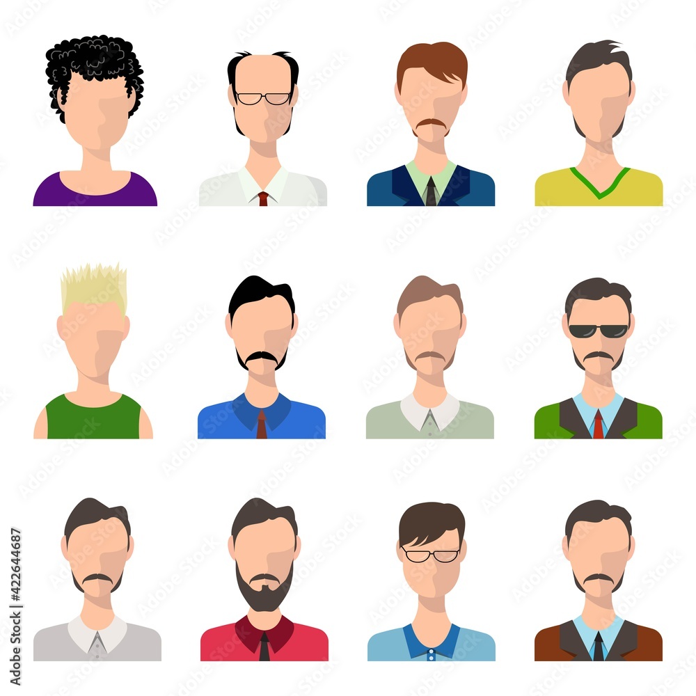 Men avatar set flat vector illustration. Men profiles silhouette with variety of suits and uniform. Avatar portrait with different hair. Men avatar set flat vector illustration. Men profiles silhouette with variety of suits and uniform. Avatar portrait with different hair.