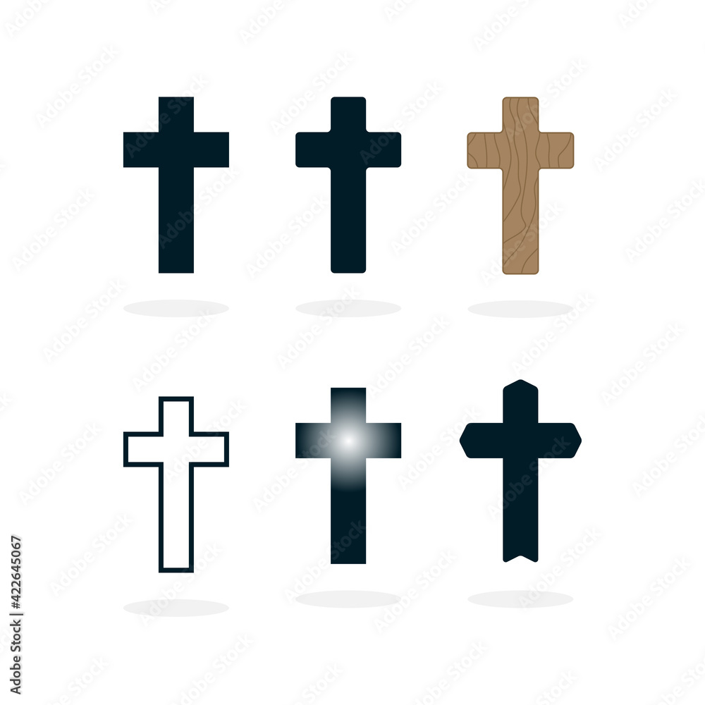 Set of Christian crosses shape. Vector illustration of a religious sign. Flat, gradient, wood, and stroke design
