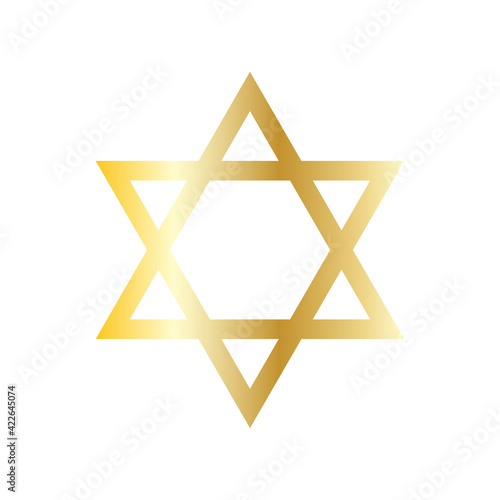 Golden six-pointed star of David icon. Vector hexagram Solomon symbol. Overlay of two equilateral triangles.